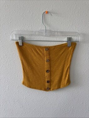 Ribbed Button-Front Mustard Crop Tube Top